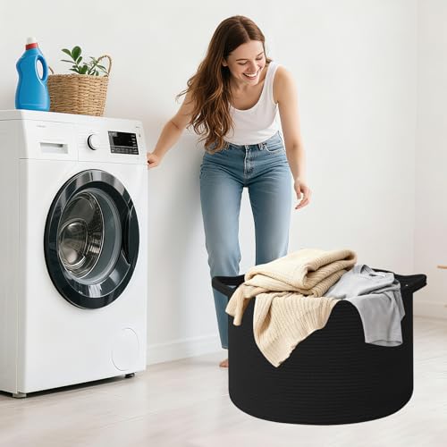 115L Extra Large Blanket Basket,Woven Rope Laundry Basket Hamper with Handles, Decorative Nursery Basket Storage Bin for Toys, Clothes Organizer, Living Room, Bedroom, Bathroom, Black - color: Black, size: 23.6"L x 23.6"W x 15.7"H(115L)