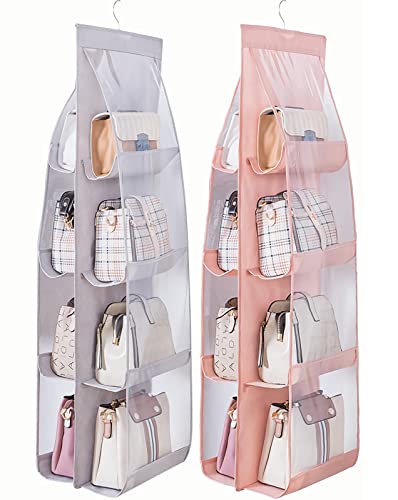 AARAINBOW 2 Packs Hanging Handbag Purse Organizer, Hanging Hand Bag Organizer Wardrobe Closet Purse Holder, 8 Pockets, 43.3L x 14.1W (B Gray Light Pink) - color: B Gray Light Pink