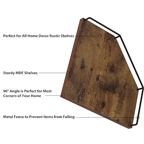 HORLIMER Floating Corner Shelf Wall Mount, 3 Pack Rustic Wood Corner Wall Shelves with Fence for Bedroom, Bathroom, Kitchen, Living Room, Brown - color: Brown - 3 Pack, size: Diamond