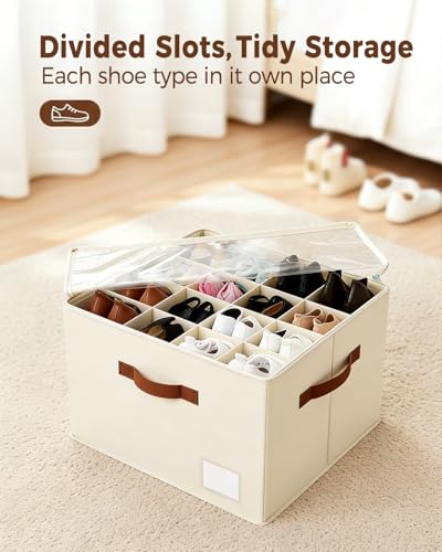 Shoe Organizer for Closet with Clear Cover, Fits up to 16 Pairs Foldable Shoe Storage Organizer Box Bin with Adjustable Dividers