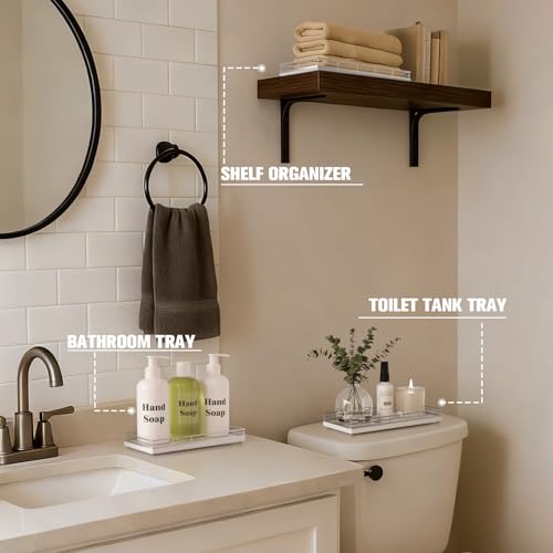 Bathroom Vanity Tray for Countertop, 12" x 6" Oak Wood Toilet Tank Tray with Metal Guardrail, Bathroom Organizer for Soap, Perfume & Skincare, Non-Slip Decorative Tray for Dresser, Sliver & White - color: Silver, size: 12" x 6" x 1.5"