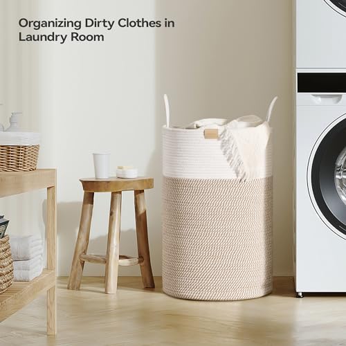 Nunsino Laundry Hamper 75L,Large Laundry Basket for Clothes,Decorative Storage Basket for Blankets,Cotton Rope Woven basket for bedroom,Brown White - color: Brown&White, size: 75L/19.8Gal