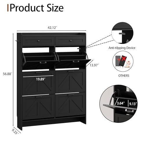 Shoe Cabinet with 6 Flip Drawers & 2 Top Drawers, 57" Tall Freestanding Narrow Wooden Shoe Storage Organizer for Entryway, Hidden Slim Shoe Rack for Front Door Entrance, Hallway, Living Room, Black - color: Black, size: 6 Flip Drawers