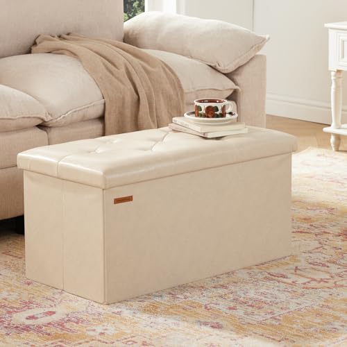 HAUSFRAU - Storage Ottoman Bench, 30 Inches Button Tufted Upholstered Ottoman Footstool with Storage for Living Room Bedroom Entryway, Load 660 lb, Synthetic Leather, Ivory - color: Ivory, size: 15"D x 30"W x 15"H
