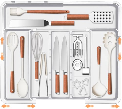 Spaclear Large Utensil Drawer Organizer Expandable Silverware Organizer for Kitchen Drawer Adjustable Cooking Utensil Holder Cutlery Flatware Tray Spatula Tools Gadgets Storage Dividers Plastic White - color: White