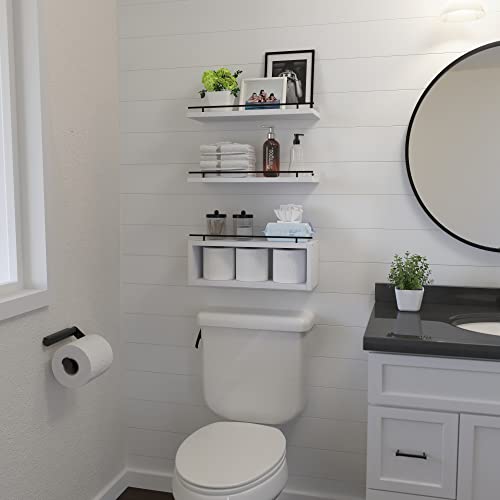 WOPITUES Floating Shelves for Wall with Cube Shelf, Wall Shelves with Metal Rail for Decor, Bathroom Organizers and Storage, Over Toilet Shelves for Bathroom, Toilet Paper-White - color: White, size: 15.7 inch