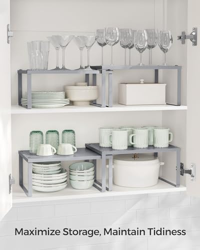 SONGMICS Spice Racks, Set of 2 Metal Cabinet Shelf Organizers, Countertop Organizers, Shelf Risers, Stackable, Expandable, Silver UKCS01SV - color: Silver, size: 9"D x 12.6"W x 6.1"H + 8.6"D x 12.6"W x 5.4"H