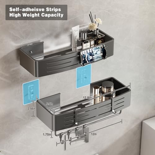 Voldra Adhesive Shower Caddy, 2 Pack Shower Shelves for Inside Shower No Drilling, Aluminum Stick On Showers Organizer with Towel Bar & Hooks Removable Bathroom Shelf Storage Rack(Gray) - style: Adhesive Strip Rectangle-2 Pack