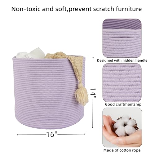 XUANGUO Cotton Rope Basket For Girls Boys Kids 16”X14” Baby Laundry Basket Nursery Bin Round Woven Baskets Organizer For Storage Toys Blankets Shoes Clothes purple - color: purple