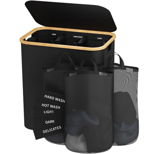 Laundry Hamper 3 Section, 145L Dirty Clothes Hamper with Lid, Extra Large Laundry Basket Organizer with Removable Inner Bags & Labels for Laundry Room, Bedroom, Black - color: Black, size: 145L