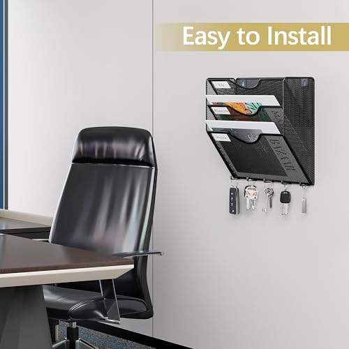 EasyPAG 3 Pocket Mesh Wall File Organizer with Key Hooks, Hanging Paper Folder Holder with Classify Label, Vertical Wall Mount Mail Organizer for Office Home Classroom, Black - color: Black with Hooks, size: 3 Tier