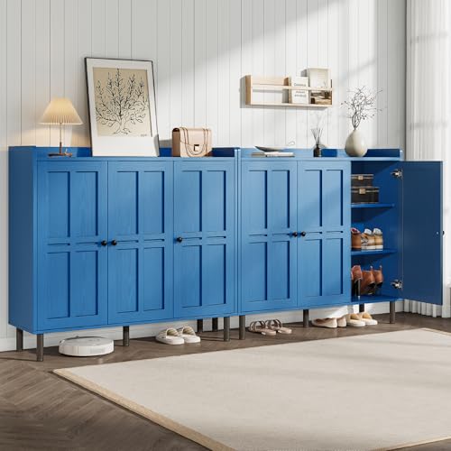 ONBRILL Shoe Cabinet with 3 Doors and Adjustable Shelves, 30 Pairs Shoe Storage Cabinet, 40 Inch Tall Farmhouse Shoe Rack Shoe Organizer Cabinet for Entryway Living Room Closet, Blue - color: Blue