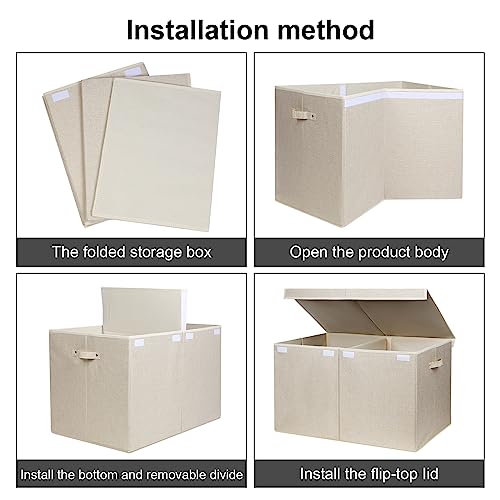 popoly 122L Large Toy Box Chest with Lid, Foldable Toy Storage Organizer Bin Boxes with Removable Divider for Kids, Boys, Girls, Nursery, Playroom, 26"x17" x17" (Linen Beige) - color: Extra Large Beige