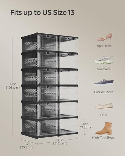 SONGMICS Foldable Shoe Boxes, Pack of 12 Stackable Shoe Storage Organizer, Set of 2 Integraed Shoe Cabinets, Portable, Fit up to US Size 13, 60s Assembly, Transparent and Ink Black ULSP206B01 - color: Transparent + Ink Black, size: 6 Tiers (12 Pairs)