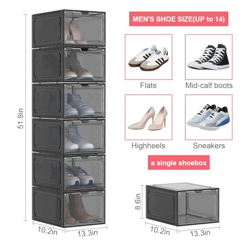 Shoe Box,Set of 6,Stackable Plastic Clear Shoe Box Organizer with Magnetic Door,Shoe Storage Box Thicken Sturdy,Easy Assembly,Fit up to US Size(Front opening door, Black) - color: Black, size: Front