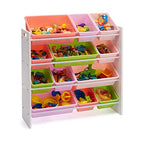 Amazon Basics Kids Toy Storage Organizer with 12 Plastic Bins, White Wood with Pink Bins, for Bedroom and Playroom, 33.85"D x 12.79"W x 35.42"H - color: White Wood With Pink Bins