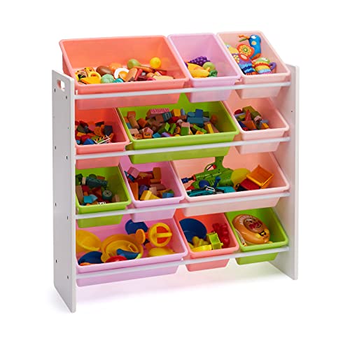 Amazon Basics Kids Toy Storage Organizer with 12 Plastic Bins, White Wood with Pink Bins, for Bedroom and Playroom, 33.85"D x 12.79"W x 35.42"H - color: White Wood With Pink Bins