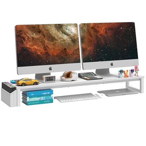 LAND·VOI Dual Monitor Stand Riser,41.5'' Long Monitor Stand for 2 Monitors, Wood and Steel Computer Monitor Stand, Desktop Oraganizer with Pen Holder, Monitor Riser for Desk Computer,Laptop,TV, White - color: White, size: Single-Type