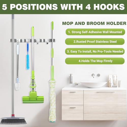 UNIFUN Broom Holder Wall Mount, Broom Organizer Wall Mount Stainless Steel Broom and Mop Hanger Heavy Duty Storage Organization for Home Kitchen Garden Garage Room 5 Racks 4 Hooks (1Pack)(Grey Racks) - color: Grey Racks