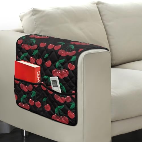 Red Cherry Print Couch Arm Covers with 2 Organizer Pockets Soft Couch Protector Anti-Slip Slipcovers for Pet Armchair, Loveseat, Recliner - color: Red Cherry