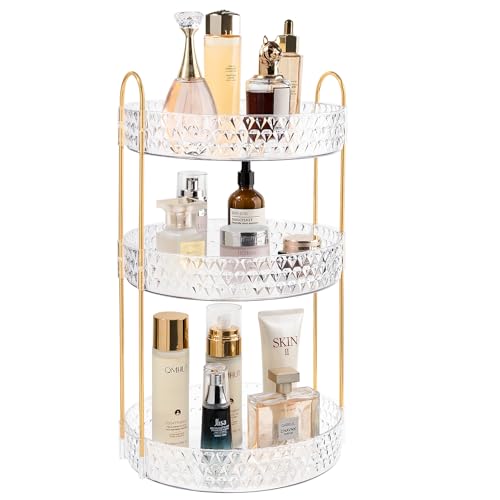 Rotating Makeup Organizer for Vanity, 3 Tier Perfume Skincare Storage for Women, Bathroom Counter Organizer, 360° Spinning Cosmetic Holder for Dresser Countertop, Clear - size: 3 Tier (Standard)