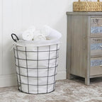 16" Diameter Laundry Basket Metal Wire with Fabric Liner Round Storage Organizer Decorative Bin Laundry Hamper Modern Home Organizer for Bedroom Bathroom Living Room Closet