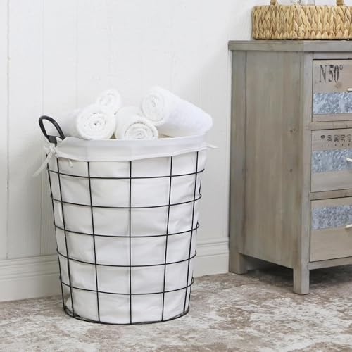 16" Diameter Laundry Basket Metal Wire with Fabric Liner Round Storage Organizer Decorative Bin Laundry Hamper Modern Home Organizer for Bedroom Bathroom Living Room Closet