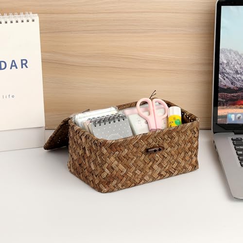 Handwoven Seagrass Basket Wicker Shelf Basket with Lid Rectangular Multipurpose Desktop Organizer Bin for Key Remote Control, Small,7.0" x 4.3" x 3.3" - size: 7.0"L x 4.3"W x 3.3"H