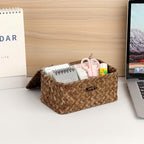 Handwoven Seagrass Basket Wicker Shelf Basket with Lid Rectangular Multipurpose Desktop Organizer Bin for Key Remote Control, Small,7.0" x 4.3" x 3.3" - size: 7.0"L x 4.3"W x 3.3"H