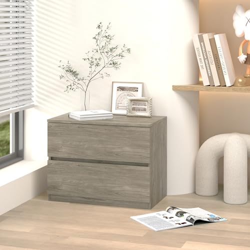 2 Drawer Small Dresser, Low Gray Dressers for Closet, Bedroom Wood Short Nightstands, Bedside Table Storage Cabinet for Home Office, Hallway, Kitchen, Grey Oak - color: Grey Oak, size: 13.4"D x 23.6"W x 18"H (2 Drawers)