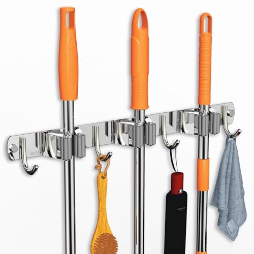 CUXIXA Mop and Broom Holder Wall Mount, Upgraded Broom Organizer Wall Mount, Stainless Steel Broom Hanger Wall Mount for Home Kitchen Garden Laundry Garage (3 Racks with 4 Hooks) - color: Silver, size: 3 Racks with 4 Hooks
