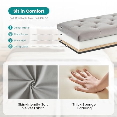 Virabit Velvet Storage Ottoman Bench for Bedroom, End of Bed Bench with Button, Organizer Storage Chest, Upholstered Foot Rest with Legs, Load up to 400 lb, for Bedroom, Living Room, Entryway, Grey - color: Grey