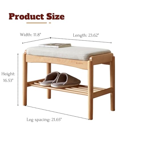 Solid Wood Shoe Bench Assembled, Shoe Rack Bench with Cushion for Entryway, Living Room, Bedroom, Hallway, 11.8" x 23.6" x 16.5", Natural - color: Natural + Light Gray, size: 23.62"