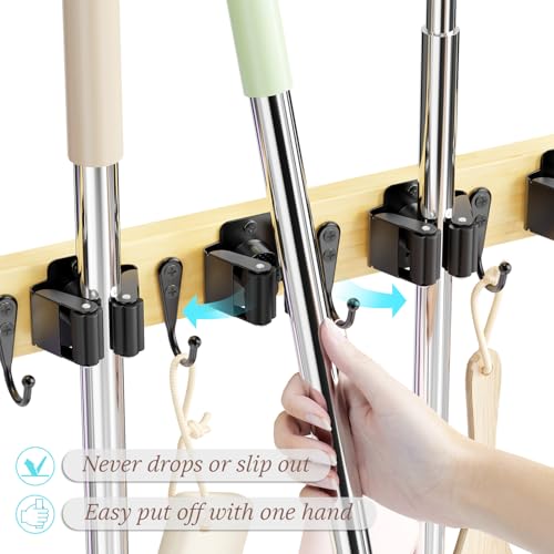 Mop and Broom Holder Wall Mount - Bamboo Broom Mop Hanger - Wall Mounted Garden Tool Rack Organizer for Closet Garage Laundry Room Kitchen Decor With 5 Slots & 4 Hooks (Bamboo) - color: Bamboo