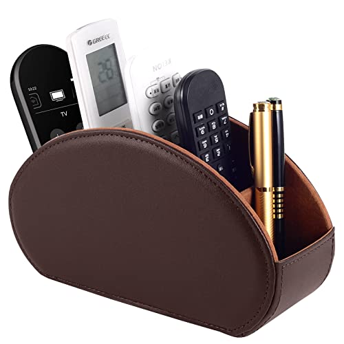 Tv Remote Holder Tray with 5 Compartment,PU Leather Remote Control Holder/Caddy,Placed Media Remote Storage Box/Glasses/Makeup Brush/Office Products/Desktop Organizers Nightstand Decoration (Brown) - color: Brown