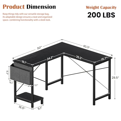 Alpen L Shaped Gaming Desk, Small Computer Desk, 50 Inch Wide Corner Desk, Work from Home Desk, Study Table for Bedrooms, PC Writing Table with Storage and Reversible Shelf, Classic Black - color: Black, size: 50 Inches