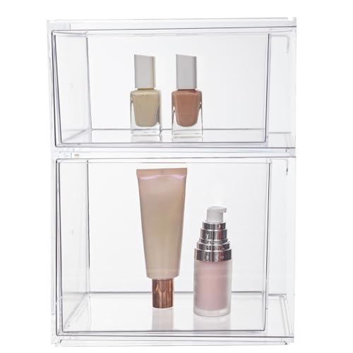 STORi Audrey Stackable Clear Bin Plastic Organizer Drawers | 2 Piece Set | Organize Cosmetics and Beauty Supplies on a Vanity | Made in USA - size: 4.5" and 6.75" Tall Set