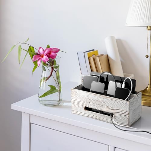 Mail Organizer countertop, Wood Mail Holder 2 Slots, Phone Box with Hidden Charging Port, White Wash Letter Holder, Desk Organizers & Accessories for Home Office Decor