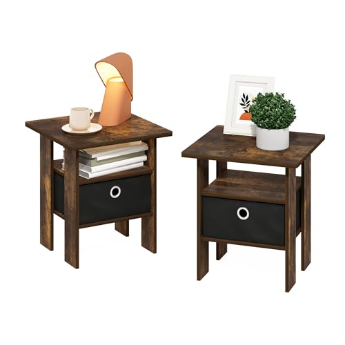 Furinno Andrey Side Table, Set of 2 End Table, Night Stand with Open Shelves and Storage Bin, Bedside Table, for Living Room, Bedroom, Amber Pine - color: Amber Pine/Black, size: 2-Pack, Center Bin