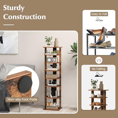 COSTWAY 8-Tier Vertical Shoe Rack, Tall Narrow Shoe Storage Organizer with Removable Shelf for Boots, Anti-Tipping Kit, Space-Saving Shoe Stand with for Small Place, Entryway, Closet (Rustic Brown) - color: Rustic Brown