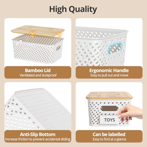 Plastic Storage Bins with Bamboo Lids, Stackable Small Box Baskets for Organizing and Containers for Shelves Drawers Desktop Closet Pantry Classroom Office Home, 6 Pack 10.2x7.2x4.1 Inch, White - color: White