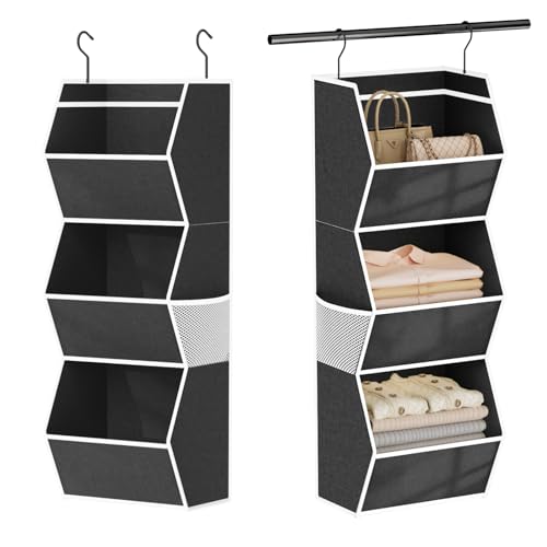 Hanging Closet Organizer 3 Shelf Collapsible Bedroom Closet Organizers and Storage Hanging with Mesh Pocket for Clothes, Closet Hanging Organizers and Storage for Fabric Wardrobe Space Saver, Black - color: Black-1 Pack, size: 3-shelf