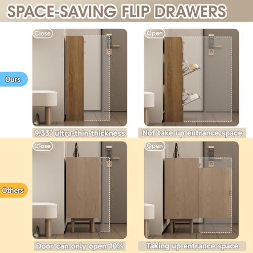Rattan Shoe Storage Cabinet with 2 Flip Drawers & 2 Drawers, Freestanding Organizer for Front Door Entrance, Hidden Narrow Shoe Rack Cabinet Storage for Entryway, Rustic Oak Rattan - style: 2-Drawers