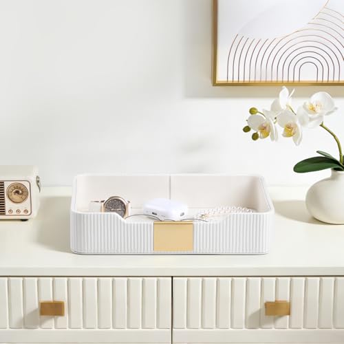 Valet Tray Desktop Storage Organizer, PU Leather Catchall Bedside Vanity Tray with Brass Accents Block Nightstand Organizer for Keys Watch Wallet Phone, Decorative Nightstand Storage (White) - color: White
