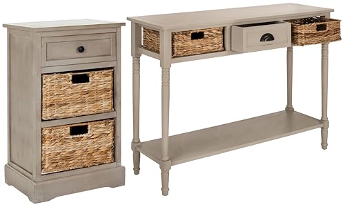 SAFAVIEH Home Collection Carrie Vintage Grey / Natural Wicker 3-Drawer Storage Nightstand Side Table (Fully Assembled) - color: Vintage Grey