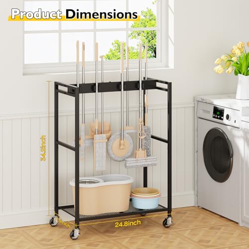 BORISI Broom And Mop Holder, Movable Broom Closet Storage Cabinet, Cleaning Cart with Mop Hanger Gripper Rack, Janitorial Cart, Utility Carts, Laundry Room Organization Home Essentials - size: Medium