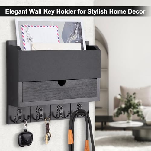 Mail and Key Holder Wall Mount with Storage Drawer – Modern Wooden Mail Organizer for Wall Entryway, 7 Key Hooks & Chalkboard Panel – Stylish Home Decor for Apartments, Living Room, Office - color: Black