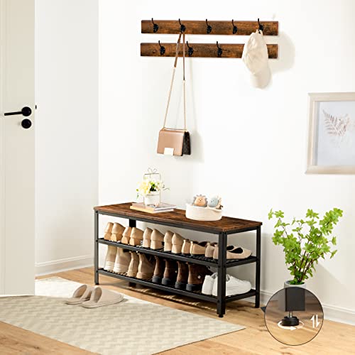 HOOBRO Hall Tree Entryway Storage Bench, Coat Rack Shoe Bench, Shoe Rack Organizer with Coat Hooks, 3-in-1 Design, Wooden Furniture with Metal Frame, Rustic Brown and Black BF171MT01 - color: Rustic Brown, Black, size: 39.4"L x 11.8"W x 17.5"H