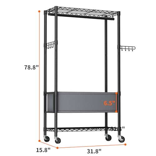 Heavy Duty Clothes Rack Rolling Garment Rack,3 Tier Adjustable Wire Shelving Clothing Racks for Hanging Clothes with Double Rods&Side Hooks,Freestanding Wardrobe Storage Rack Metal Portable Closet - color: Black8, size: 15.75"D x 31.8"W x 78.75"H