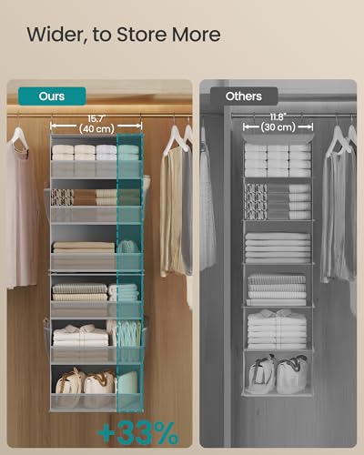 SONGMICS Hanging Closet Organizer, 6-Tier Fabric Storage Shelf, Separable Closet Hanging Shelf with Side Pockets, Foldable, Metal Hooks and Bamboo Inserts, Dove Gray URCH007G01 - color: Dove Gray, size: 1 Pack